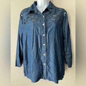 Blue Denim Button-Up Shirt with Embroidered Lace